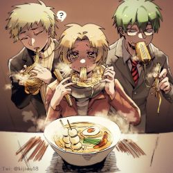Rule 34 | 3boys, ?, ai drawing anime characters eating ramen (meme), atou haruki, black jacket, blonde hair, brown jacket, chinese commentary, closed eyes, collared shirt, colored eyelashes, commentary request, eating, film grain, food, glasses, green hair, grey jacket, hair between eyes, heart, heart-shaped pupils, highres, jacket, long sleeves, male focus, meme, multiple boys, necktie, noodles, open clothes, open jacket, open mouth, otowa rui (saibou shinkyoku), parted bangs, ramen, rectangular eyewear, red necktie, ribbed sweater, saibou shinkyoku, shinano eiji, shirt, short hair, speech bubble, spoken question mark, striped necktie, suit jacket, sweater, symbol-shaped pupils, turtleneck, turtleneck sweater, white shirt, yellow eyes, yellow sweater, zhainuxiuer