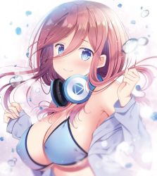 Rule 34 | 1girl, armpit peek, bare shoulders, bikini, blue bikini, blue eyes, blue jacket, blurry, breasts, brown hair, cleavage, closed mouth, commentary request, depth of field, covered erect nipples, floating hair, go-toubun no hanayome, hair between eyes, hands up, headphones, headphones around neck, jacket, large breasts, long hair, long sleeves, looking at viewer, nakano miku, naruse mamoru, off shoulder, open clothes, open jacket, sidelocks, smile, solo, swimsuit, upper body, water drop