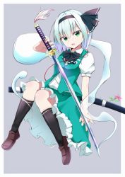 Rule 34 | absurdres, arm up, black bow, black bowtie, black socks, bow, bowtie, breasts, brown footwear, flower, green eyes, green skirt, green vest, grey background, hair between eyes, hair ribbon, hand on blade, head tilt, highres, hitodama, holding, holding sword, holding weapon, iyo (ya na kanji), katana, kneehighs, knees together feet apart, konpaku youmu, konpaku youmu (ghost), loafers, looking at viewer, open mouth, parted lips, petticoat, puffy short sleeves, puffy sleeves, ribbon, scabbard, sheath, shirt, shoes, short hair, short sleeves, silver hair, simple background, sitting, skirt, skirt set, small breasts, socks, solo, sword, touhou, vest, weapon, white shirt