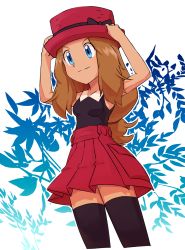 Rule 34 | 1girl, black thighhighs, blue eyes, breasts, brown hair, closed mouth, creatures (company), game freak, hat, highres, long hair, nintendo, nyonn24, pokemon, pokemon xy, serena (pokemon), skirt, sleeveless, smile, solo, thighhighs