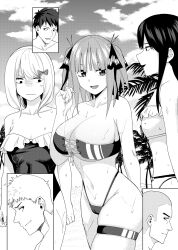 Rule 34 | 3boys, 3girls, bandeau, beach, bikini, breast envy, breasts, butterfly hair ornament, cleavage, collarbone, commentary request, go-toubun no hanayome, greyscale, hair ornament, hair ribbon, highleg, highleg bikini, highres, kosmos beta, large breasts, long hair, looking at another, looking at breasts, medium hair, monochrome, multiple boys, multiple girls, nakano nino, navel, one-piece swimsuit, outdoors, paid reward available, ribbon, short hair, sky, small breasts, swimsuit, thigh strap, two side up