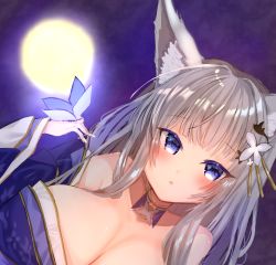 Rule 34 | 1girl, animal ear fluff, animal ears, artist request, azur lane, bare shoulders, blue butterfly, breasts, bug, butterfly, cleavage, dutch angle, huge breasts, insect, looking at viewer, moon, purple eyes, shinano (azur lane), silver hair, solo