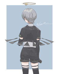 Rule 34 | 1boy, absurdres, arene (arknights), arknights, black gloves, black jacket, black shorts, black thighhighs, blue background, elbow gloves, facing away, from behind, gloves, grey hair, halo, highres, jacket, kaprice, male focus, short shorts, short sleeves, shorts, solo, thighhighs, twitter username, two-tone background, white background