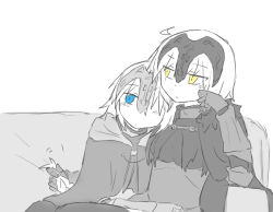 Rule 34 | 2girls, ahoge, blue eyes, blush, couch, fate/grand order, fate (series), fur trim, gauntlets, greyscale, hair between eyes, hair over one eye, head rest, jeanne d&#039;arc (fate), jeanne d&#039;arc (ruler) (fate), jeanne d&#039;arc alter (avenger) (fate), jeanne d&#039;arc alter (fate), leaning on person, long hair, monochrome, multiple girls, playing with another&#039;s hair, short hair, sitting, the iizumi, white background, yellow eyes, yuri