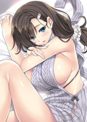 Rule 34 | 1girl, backless dress, backless outfit, bare shoulders, blue eyes, blush, breasts, brown hair, dress, grey sweater, hair ornament, hairclip, large breasts, long hair, looking at viewer, lying, meme attire, mizuhara yuu, naked sweater, on side, original, parted lips, ribbed sweater, sideboob, solo, sweater, sweater dress, thighs, turtleneck, turtleneck sweater, virgin killer sweater