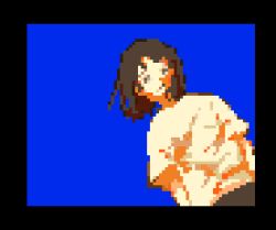Rule 34 | 1girl, animated, animated gif, black border, black skirt, blinking, blue background, border, brown eyes, brown hair, chibi, chinese commentary, closed mouth, commentary, commentary request, cowboy shot, english commentary, expressionless, glitch, hair lift, lowres, medium hair, mixed-language text, original, pixel art, shirt, short sleeves, simple background, skirt, solo, static, t-shirt, white shirt, white sleeves, wind, wind lift, xing yanyanyanyan