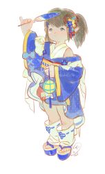 Rule 34 | 1girl, absurdres, arm up, blue eyes, blue flower, blue kimono, brown hair, chinese commentary, closed mouth, commission, final fantasy, final fantasy xiv, flower, full body, hair flower, hair ornament, hand fan, highres, holding, holding fan, holding lantern, japanese clothes, kimono, koubayouniao, lalafell, lantern, loose socks, paper fan, pointy ears, polka dot, ribbon-trimmed socks, sandals, shirt, short twintails, simple background, single bare shoulder, socks, solo, standing, sweatdrop, tachi-e, tassel, toes, twintails, warrior of light (ff14), watermark, white background, white shirt, white socks, wide sleeves, yellow flower