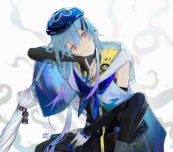 Rule 34 | 1boy, arknights, arm up, artist name, beret, black gloves, blue cloak, blue hat, cloak, cowboy shot, elbow gloves, expressionless, gloves, harikoe, hat, head rest, high tops, highres, infection monitor (arknights), jellyfish, jellyfish hair ornament, knee up, leaning on object, male focus, mizuki (arknights), multicolored clothes, multicolored gloves, purple eyes, shoes, short hair with long locks, sitting, sneakers, solo, straight-on, tilted headwear, transparent, transparent umbrella, umbrella, white background, white cloak, white gloves