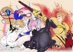 Rule 34 | 1boy, 2girls, armor, artoria caster (fate), artoria caster (third ascension) (fate), artoria pendragon (fate), blonde hair, crown, ea (fate/stay night), facial mark, fate/grand order, fate (series), forehead mark, fou (fate), gilgamesh (fate), green eyes, holding, holding shield, long hair, lord camelot (fate), marmyadose (fate), mash kyrielight, multiple girls, official art, ono tako, purple eyes, purple hair, red eyes, shield, short hair