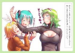 Rule 34 | 3girls, :d, ^ ^, aqua hair, aqua nails, blonde hair, blush, breasts, cleavage, cleavage cutout, closed eyes, clothing cutout, eyelashes, fingernails, goggles, goggles on head, green hair, gumi, hair ornament, hairband, hairclip, hatsune miku, kagamine rin, large breasts, long hair, meme attire, multiple girls, nail polish, open-chest sweater, open mouth, palms, purple eyes, short hair, simple background, smile, sweater, toned, translation request, twintails, upper body, vocaloid, white background, wokada, yellow nails
