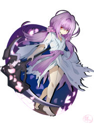 Rule 34 | 1girl, barefoot, duel monster, falling petals, full body, ghost reaper &amp; winter cherries, holding, holding scythe, japanese clothes, kimono, long hair, low twintails, mochi curry, petals, pink hair, red eyes, scythe, signature, solo, torn clothes, twintails, walking, yu-gi-oh!, yukata