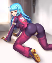 Rule 34 | 1girl, :d, all fours, arm belt, ass, belt, belt buckle, blue hair, blurry, bodysuit, braid, breasts, buckle, chaps, clothes writing, cropped jacket, cross, crotch zipper, depth of field, eyebrows, eyelashes, from behind, gloves, hair ornament, heart, heart print, highres, kula diamond, long hair, long sleeves, looking at viewer, looking back, medium breasts, on floor, open mouth, purple bodysuit, red eyes, shoe soles, side braid, smile, solo, the king of fighters, the king of fighters xiv, turna98, zipper