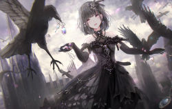 Rule 34 | 1girl, :d, animal, bare shoulders, bird, black dress, black gloves, black hair, blurry, blurry background, blush, breasts, brown eyes, cathedral, cloud, cloudy sky, collarbone, commentary request, crow, day, depth of field, dress, elbow gloves, gloves, highres, jewelry, missile228, mouth hold, off-shoulder dress, off shoulder, open mouth, original, outdoors, pendant, short hair, sky, small breasts, smile, solo, standing, tower