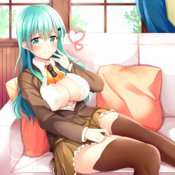 Rule 34 | 10s, 1girl, aqua eyes, aqua hair, ascot, blazer, blouse, breasts, brooch, brown thighhighs, couch, hair ornament, hairclip, heart, indoors, jacket, jewelry, kantai collection, large breasts, long hair, looking at viewer, open clothes, open shirt, pleated skirt, ring, rui shi (rayze ray), school uniform, see-through, shirt, sitting, skirt, smile, solo, suzuya (kancolle), thighhighs, wedding band, window, wooden wall