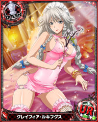 Rule 34 | 10s, 1girl, artist request, bracelet, braid, breasts, card (medium), character name, chess piece, cleavage, covered erect nipples, grayfia lucifuge, grey eyes, high school dxd, jewelry, large breasts, lipstick, long hair, maid headdress, makeup, official art, queen (chess), red lips, sideboob, silver hair, solo, thighhighs, trading card, twin braids