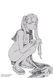 Rule 34 | 1girl, black clover, capelet, greyscale, highres, ink, long hair, long legs, looking at viewer, md5 mismatch, monochrome, nipples, noelle silva, nude, patreon username, sandals, simple background, sitting, solo, squatting, traditional media, twintails, twitter username, white background, yugen99