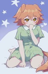 Rule 34 | 1girl, alternate costume, animal ears, breasts, clenched hands, covering own mouth, ears down, flipped hair, green nightgown, hair between eyes, heart, highres, horse ears, horse girl, horse tail, kneeling, looking at viewer, matikanefukukitaru (umamusume), medium breasts, nightgown, on bed, short hair, simoyuki, simple background, solo, star (symbol), starry background, tail, umamusume, yellow eyes