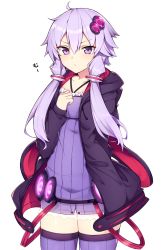 Rule 34 | 1girl, closed mouth, collarbone, dress, hand up, haruyuki (yukichasoba), highres, hood, hoodie, long hair, low twintails, open clothes, open hoodie, pout, purple dress, purple eyes, purple hair, purple thighhighs, short dress, simple background, solo, thighhighs, tsurime, twintails, vocaloid, voiceroid, white background, yuzuki yukari, zettai ryouiki