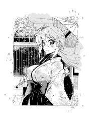 Rule 34 | 1girl, ahoge, blush stickers, breasts, cherry blossoms, greyscale, hair ribbon, holding, holding umbrella, japanese clothes, kusanagi tonbo, large breasts, low ponytail, monochrome, oil-paper umbrella, original, outdoors, ribbon, solo, umbrella