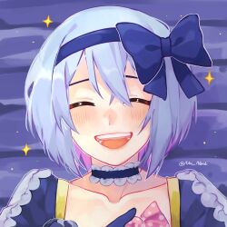 Rule 34 | 1girl, blue background, blue bow, blue choker, blue dress, blue hair, blue hairband, bow, candy, choker, claire elford, closed eyes, collarbone, dress, food, frilled choker, frills, hair bow, hairband, highres, holding, holding candy, holding food, light blush, nor naml, open mouth, outline, polka dot, short hair, smile, solo, sparkle, twitter username, upper body, white outline, witch&#039;s heart