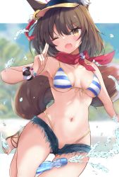 Rule 34 | 1girl, animal ears, barefoot sandals (jewelry), bead bracelet, beads, bikini, blue archive, blue shorts, bracelet, breasts, brown hair, commentary request, fox ears, fox girl, fox tail, halo, highres, hinata yuu (atelierhinata), izuna (blue archive), izuna (swimsuit) (blue archive), jewelry, long hair, looking at viewer, medium breasts, one eye closed, open mouth, red scarf, sandals, scarf, scrunchie, short shorts, shorts, solo, striped bikini, striped clothes, swimsuit, tail, toes, translation request, visor cap, wrist scrunchie, yellow eyes