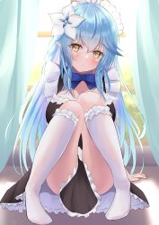 Rule 34 | 1girl, :o, absurdres, ahoge, alternate costume, black dress, blue bow, blue bowtie, blue hair, blush, bow, bowtie, braid, breasts, cleavage, cleavage cutout, clothing cutout, colored tips, dress, elf, embarrassed, enmaided, eyes visible through hair, flower, frilled socks, frills, full body, hair between eyes, hair flower, hair ornament, highres, hololive, kneehighs, large breasts, long hair, maid, maid headdress, multicolored hair, no shoes, onabe no shime, parted lips, pointy ears, revision, side braid, sitting, socks, solo, streaked hair, very long hair, virtual youtuber, white flower, white socks, yellow eyes, yukihana lamy