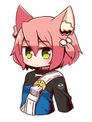 Rule 34 | 1girl, 7th dragon, 7th dragon (series), animal ear fluff, animal ears, belt, belt buckle, blue jacket, blush, buckle, cat ears, closed mouth, cropped torso, fighter (7th dragon), green eyes, hair between eyes, hair bobbles, hair ornament, harukara (7th dragon), jacket, looking at viewer, naga u, one side up, simple background, solo, white background, white belt