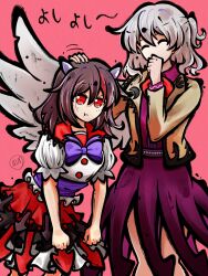 Rule 34 | 2girls, absurdres, angel wings, black hair, bow, bowtie, clenched hands, closed eyes, closed mouth, commentary, commission, cone horns, covering own mouth, dress, grey hair, grey horns, grey wings, headpat, highres, horns, jacket, kijin seija, kishin sagume, long hair, long sleeves, moguman, multicolored hair, multiple girls, open clothes, open jacket, pout, puffy short sleeves, puffy sleeves, purple bow, purple bowtie, purple dress, red background, red bow, red bowtie, red eyes, red hair, short sleeves, single wing, small horns, streaked hair, suit jacket, touhou, wings