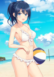 Rule 34 | 1girl, :d, ball, beach, beachball, bikini, blue eyes, blue hair, blue sky, breasts, cleavage, cloud, contrapposto, cowboy shot, day, dutch angle, female focus, frilled bikini, frills, front-tie bikini top, front-tie top, highres, looking at viewer, medium breasts, n.g., open mouth, original, outdoors, ponytail, short hair, sky, smile, solo, standing, swimsuit, white bikini