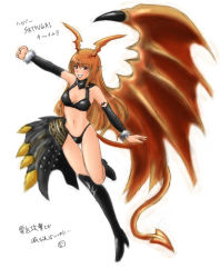 Rule 34 | 1girl, asymmetrical clothes, bare shoulders, bikini, breasts, brown hair, cleavage, demon girl, detached sleeves, female focus, full body, groom222, long hair, lord of vermilion, navel, pointy ears, red eyes, single wing, smile, solo, demon girl, succubus (lord of vermilion), swimsuit, tail, white background, wings