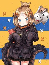 Rule 34 | 1girl, :&lt;, abigail williams (fate), abigail williams (traveling outfit) (fate), animal print, bad id, bad pixiv id, balloon, black bow, black jacket, blonde hair, blue eyes, blush, bow, closed mouth, commentary request, fate/grand order, fate (series), fou (fate), hair bow, hair bun, head tilt, highres, jacket, long hair, long sleeves, looking at viewer, medjed (fate), melings (aot2846), hugging object, official alternate costume, orange bow, parted bangs, polka dot, polka dot bow, single hair bun, sleeves past fingers, sleeves past wrists, solo, star (symbol), stuffed animal, stuffed toy, suction cups, teddy bear, tentacles, tiger print