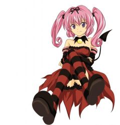 Rule 34 | 1girl, bare shoulders, brooch, crossed arms, crossed legs, detached sleeves, dress, fang, female focus, full body, hair ribbon, happy, jewelry, long hair, nana asta deviluke, naughty face, pink hair, purple eyes, ribbon, shoes, simple background, sitting, smile, solo, strapless, strapless dress, striped clothes, striped thighhighs, tail, thighhighs, to love-ru, twintails, white background