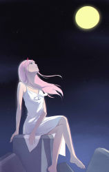 Rule 34 | 10s, 1girl, bad id, bad pixiv id, barefoot, collarbone, darling in the franxx, dress, floating hair, full moon, green eyes, hairband, highres, horns, long hair, looking up, moon, night, outdoors, pink hair, short dress, sitting, sky, sleeveless, sleeveless dress, solo, star (sky), starry sky, sundress, umumu, very long hair, white dress, white hairband, zero two (darling in the franxx)