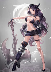 Rule 34 | 1girl, asymmetrical clothes, asymmetrical footwear, asymmetrical legwear, axe, bare shoulders, bat wings, black eyes, black footwear, black hair, boots, breasts, cleavage, demon girl, detached sleeves, fingerless gloves, fingernails, gloves, hat, highres, hitowa, horns, long fingernails, long hair, medium breasts, miniskirt, mismatched footwear, mole, mole under eye, nail polish, navel, original, parted lips, peaked cap, pointy ears, skirt, slit pupils, smile, solo, thigh boots, thigh strap, thighhighs, uneven legwear, weapon, wings