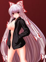 Rule 34 | &gt;:o, 1girl, :o, alternate costume, bad id, bad pixiv id, blunt bangs, blush, bottomless, bow, breasts, cleavage, coat, collarbone, female focus, fujiwara no mokou, hair bow, hair ribbon, hands in pockets, jacket, legs, long hair, medium breasts, mi (no hito), mi (pixiv18234), naked coat, navel, nipples, no bra, open clothes, open jacket, red background, red eyes, ribbon, silver hair, simple background, solo, straight hair, touhou, v-shaped eyebrows, very long hair, walking