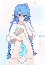 Rule 34 | 1girl, ahoge, black ribbon, blue eyes, blue hair, blush, braid, closed mouth, clothes pull, convenient censoring, embarrassed, feet out of frame, flat chest, full-face blush, groin, hair between eyes, hair ribbon, hand on own chin, highres, hydrokinesis, long hair, looking down, luoqixi373925, mushoku tensei, nail polish, panties, panty pull, ribbon, roxy migurdia, shirt, shirt pull, simple background, solo, twin braids, underwear, very long hair, washing, water, white panties, white shirt