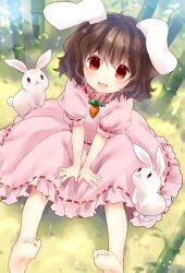 1girl :3 :d animal_ears barefoot blush brown_hair carrot carrot_necklace commentary_request dress highres inaba_tewi jewelry long_hair looking_at_viewer necklace open_mouth pendant pink_dress rabbit rabbit_ears red_eyes second-party_source short_hair short_sleeves sitting smile solo toes torii_sumi touhou