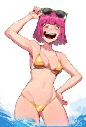 Rule 34 | 1girl, arm up, bikini, blunt bangs, blush, breasts, commentary, cowboy shot, english commentary, gold bikini, green-framed eyewear, hand on own hip, kollerss, looking at viewer, medium breasts, navel, open mouth, original, pink eyes, pink hair, short hair, smile, solo, sunglasses, swimsuit, teeth, upper teeth only