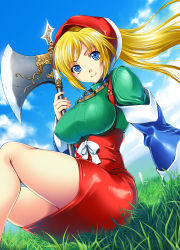Rule 34 | 1girl, arm at side, arm support, axe, bare legs, blonde hair, blue eyes, blue sky, broken, broken sword, broken weapon, closed mouth, cloud, cloudy sky, day, detached sleeves, floating hair, grass, green sweater, headdress, high-waist skirt, highres, holding, holding axe, holding weapon, jewelry, knees up, long hair, long sleeves, looking at viewer, meythia, miniskirt, necklace, outdoors, planted, planted sword, planted weapon, reclining, red skirt, ribbed sweater, ribbon, saga, saga frontier 2, sidelocks, sitting, skirt, sky, smile, solo, sweater, sword, turtleneck, turtleneck sweater, weapon, white ribbon, wind, zankuro