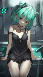 Rule 34 | 1girl, absurdres, ahoge, alternate costume, animal ears, bathtub, black choker, black dress, blue hair, breasts, bug, butterfly, cat ears, chain, choker, closed mouth, colored tips, commentary request, cowboy shot, cross-laced clothes, dress, expressionless, eyelashes, green hair, hair between eyes, head tilt, highres, hololive, insect, kemonomimi mode, looking at viewer, mirror, multicolored hair, nightgown, red eyes, scissors, scottie (phantom2), short dress, short hair, short twintails, sitting, skeleton, sleeveless, small breasts, solo, strap slip, thighs, toilet paper, twintails, two-tone hair, uruha rushia, virtual youtuber