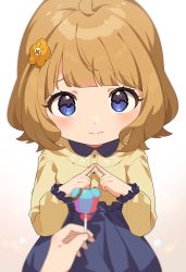 Rule 34 | 1girl, 1other, ahoge, black skirt, blue eyes, blush, brown hair, candy, child, closed mouth, flower, food, giving, hair flower, hair ornament, highres, holding, holding candy, holding food, holding lollipop, idolmaster, idolmaster million live!, idolmaster million live! theater days, index fingers together, inuyama nanami, lollipop, long sleeves, looking at viewer, medium hair, pov, pov hands, shirt, skirt, solo focus, suou momoko, yellow shirt