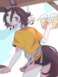 Rule 34 | 1girl, :d, alcohol, animal ears, apron, beer, beer mug, black shorts, brown eyes, brown hair, cup, food, hair over one eye, holding, holding cup, holding plate, horse ears, horse girl, horse tail, looking at viewer, looking back, maru (hachi 47923), mug, open mouth, plate, shirt, short hair, short sleeves, shorts, smile, solo, tail, umamusume, vodka (umamusume), white apron, yellow shirt