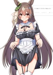 Rule 34 | alternate costume, animal ears, apron, blush, brown hair, commentary request, enmaided, garter belt, half updo, herohero (higashi no dou), highres, horse ears, horse girl, horse tail, lifting own clothes, long hair, looking at viewer, maid, satono diamond (umamusume), simple background, smile, tail, thighhighs, umamusume, white background