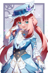 Rule 34 | 1girl, alternate costume, blue eyes, blue gemstone, brooch, character name, circlet, gem, genshin impact, gloves, hat, highres, jewelry, kana ami, long hair, low twintails, nilou (genshin impact), red hair, solo, twintails, very long hair, white gloves