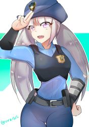 Rule 34 | 1girl, bad id, bad pixiv id, belt, body armor, contrapposto, grey hair, hand on own hip, hat, highres, judy hopps, kowaremashita, long hair, open mouth, personification, pink eyes, police, police badge, police hat, police uniform, policewoman, pouch, salute, smile, solo, standing, twintails, uniform, zootopia
