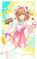 Rule 34 | 1girl, :d, ahoge, aqua bow, aqua bowtie, bow, bowtie, brown hair, cake, candy, cherry, commentary request, detached collar, detached sleeves, dress, english text, flower, fly tutu, food, fruit, gloves, green eyes, hair bow, hair flower, hair ornament, hand up, highres, holding, holding candy, holding food, holding lollipop, lollipop, looking at viewer, medium hair, open mouth, original, pink dress, popsicle, puffy short sleeves, puffy sleeves, short sleeves, smile, solo, sparkle, star (symbol), teapot, thighhighs, two side up, white bow, white gloves, white thighhighs