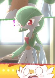 Rule 34 | ..., 1girl, 1other, ?, animal nose, backlighting, black eyes, blush, bob cut, body fur, buck teeth, close-up, closed mouth, unworn clothes, colored skin, constricted pupils, creatures (company), day, expressionless, flat chest, furry, game freak, gardevoir, gen 3 pokemon, gen 8 pokemon, green hair, green skin, hair between eyes, highres, holding, holding clothes, indoors, multicolored skin, multiple views, nintendo, okuyami kitsune, open mouth, outside border, pokemon, pokemon (creature), rabbit ears, red eyes, scar, scar on stomach, scorbunny, short hair, standing, sweat, teeth, two-tone skin, upper body, white fur, white skin, wide-eyed, window