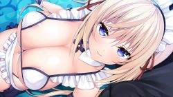 Rule 34 | 1girl, areola slip, asami asami, bikini, bikini top only, blonde hair, blue eyes, blush, breasts, closed mouth, detached collar, embarrassed, frills, from above, game cg, indoors, large breasts, legs, long hair, looking at viewer, maid headdress, navel, okayu riru, original, revealing clothes, role player: okayu shimai no nenmaku potrait - gurigucha live!, solo focus, sweat, swimsuit, thighs