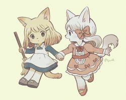 Rule 34 | 2girls, animal ears, apron, ayu (mog), blonde hair, bow, bowtie, broom, dress, furry, furry female, green eyes, grey eyes, holding hands, holding, holding broom, juliet sleeves, logo, long hair, long sleeves, maid, medium hair, multiple girls, open mouth, original, pantyhose, pink dress, puffy sleeves, red bow, red neckwear, red sash, sash, signature, simple background, tail, white apron, white hair, white legwear, yellow background