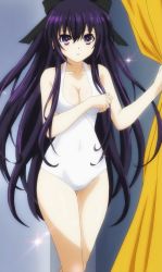 Rule 34 | 10s, absurdres, breasts, cleavage, curtains, date a live, highres, long hair, purple eyes, purple hair, screencap, solo, sparkle, swimsuit, yatogami tooka